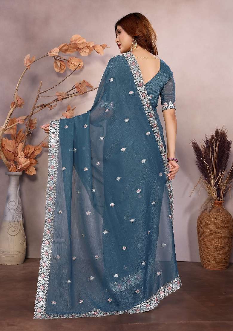 Blue Embroidery Jimmy Choo Saree Set - Indya