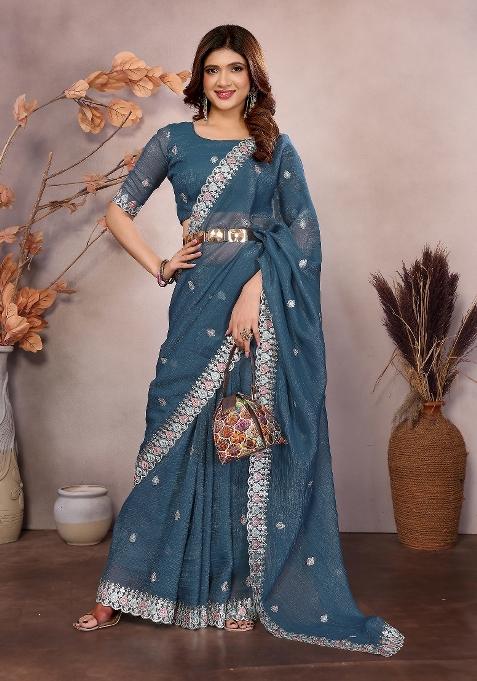 Blue Embroidery Jimmy Choo Saree Set