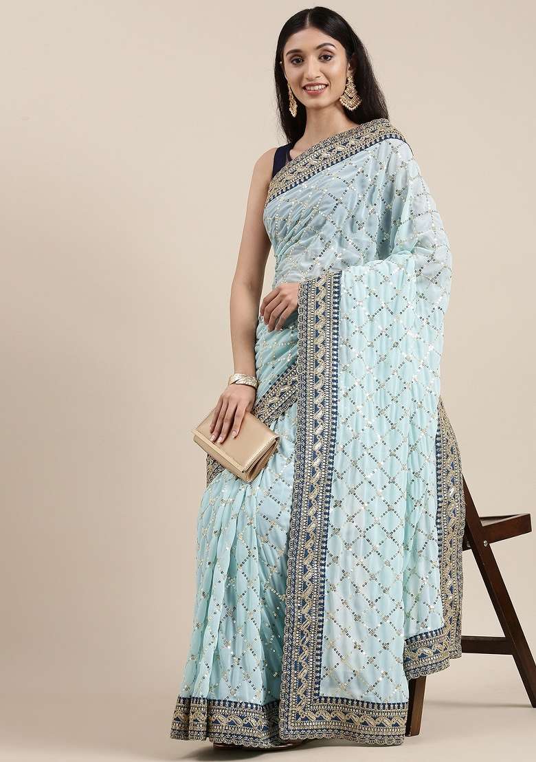 Blue Embroidery Georgette Saree Set - Indya