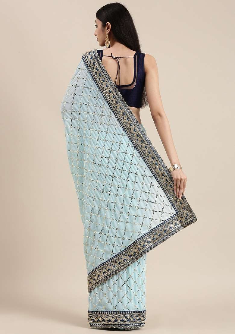 Blue Embroidery Georgette Saree Set - Indya