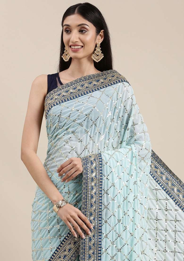 Blue Embroidery Georgette Saree Set - Indya
