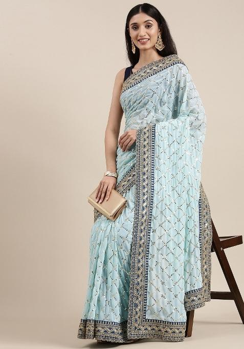Blue Embroidery Georgette Saree Set