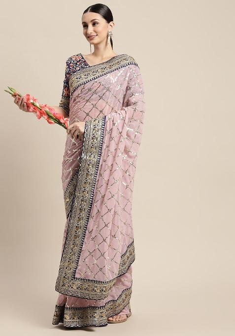 Pink Embroidery Georgette Saree Set