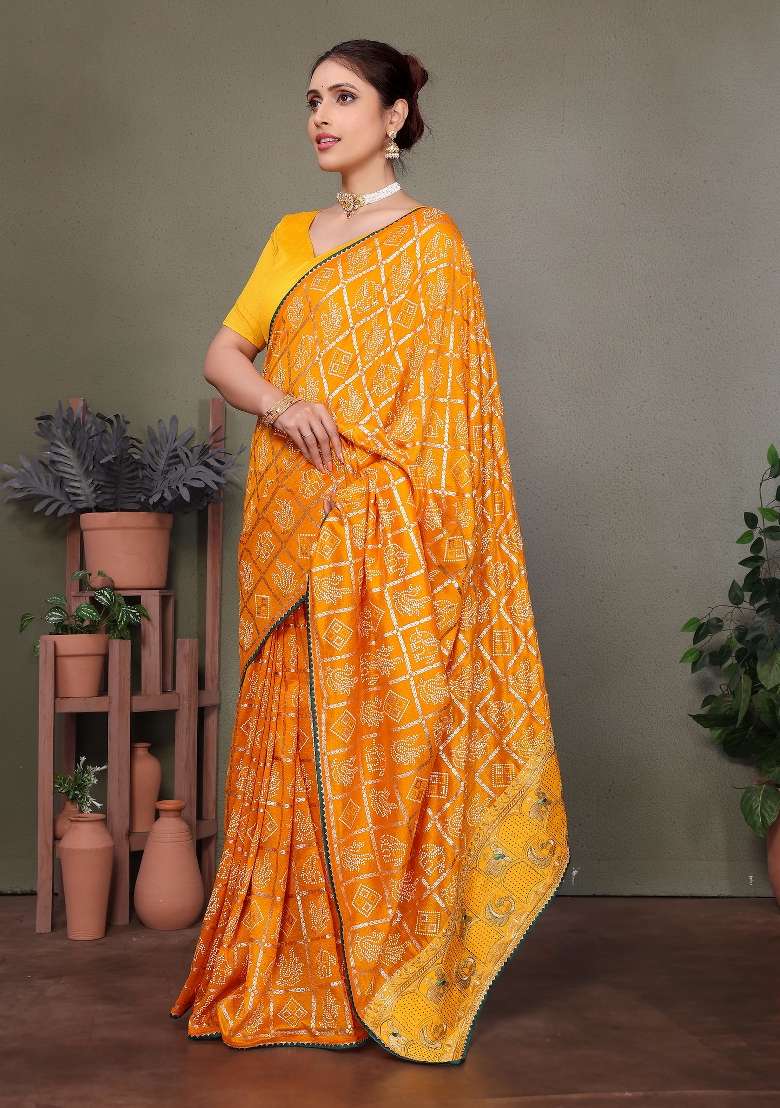 Yellow Gota Patti Work Silk Saree Set - Indya