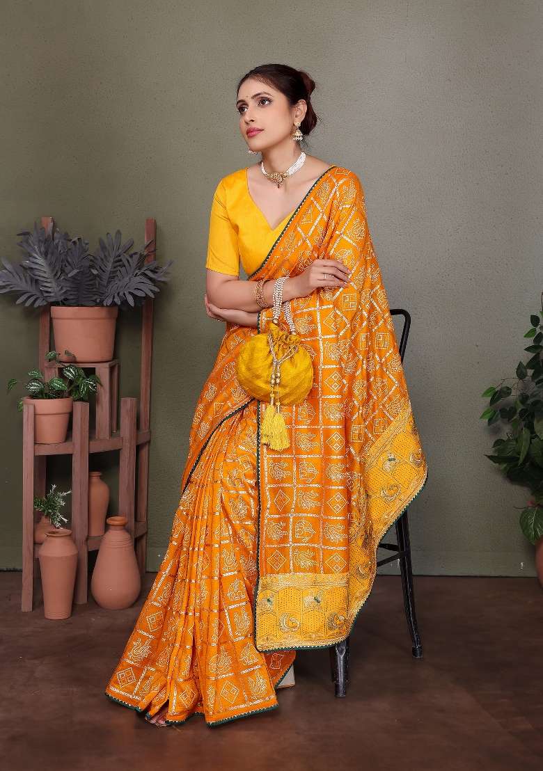 Yellow Gota Patti Work Silk Saree Set - Indya