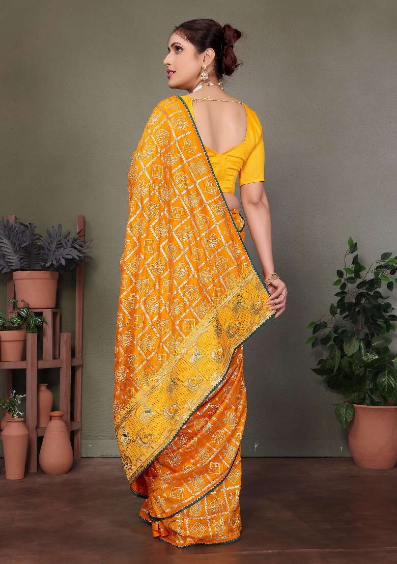 Yellow Gota Patti Work Silk Saree Set - Indya