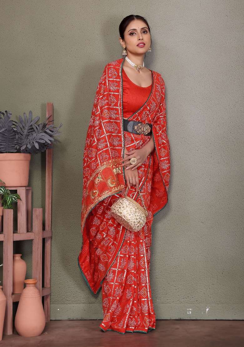 Red Gota Patti Work Silk Saree Set - Indya