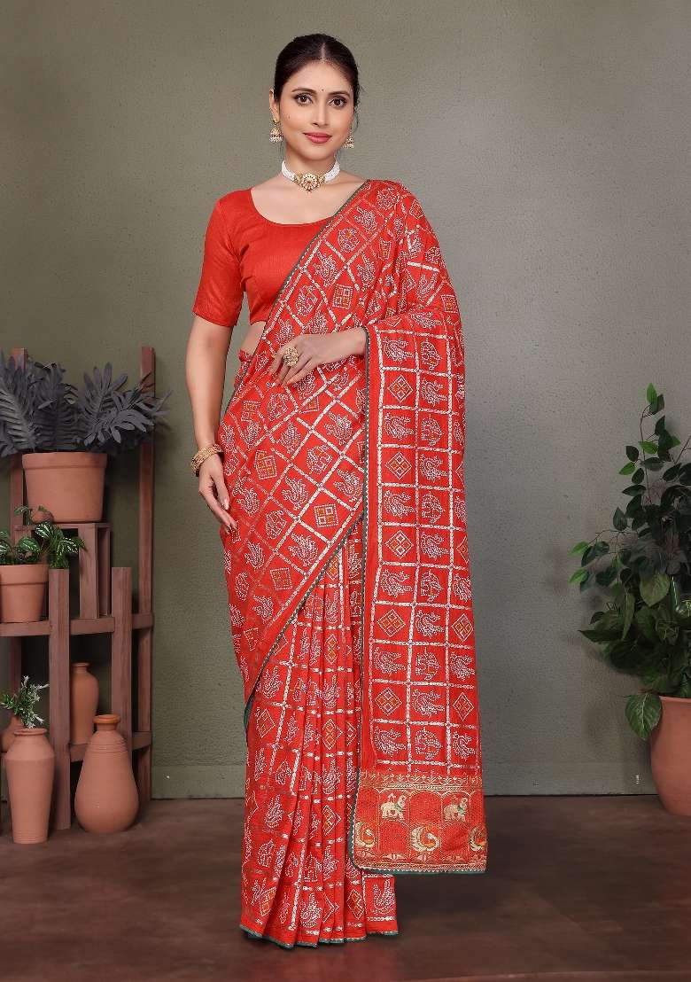 Red Gota Patti Work Silk Saree Set - Indya