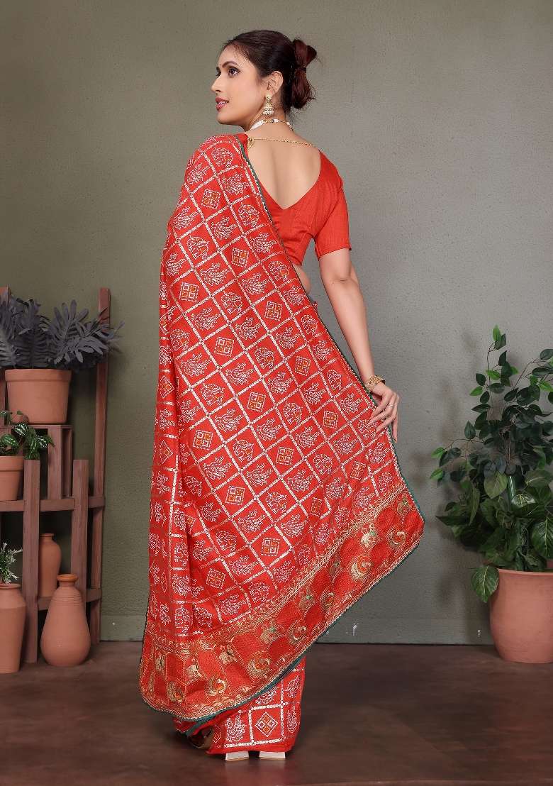 Red Gota Patti Work Silk Saree Set - Indya