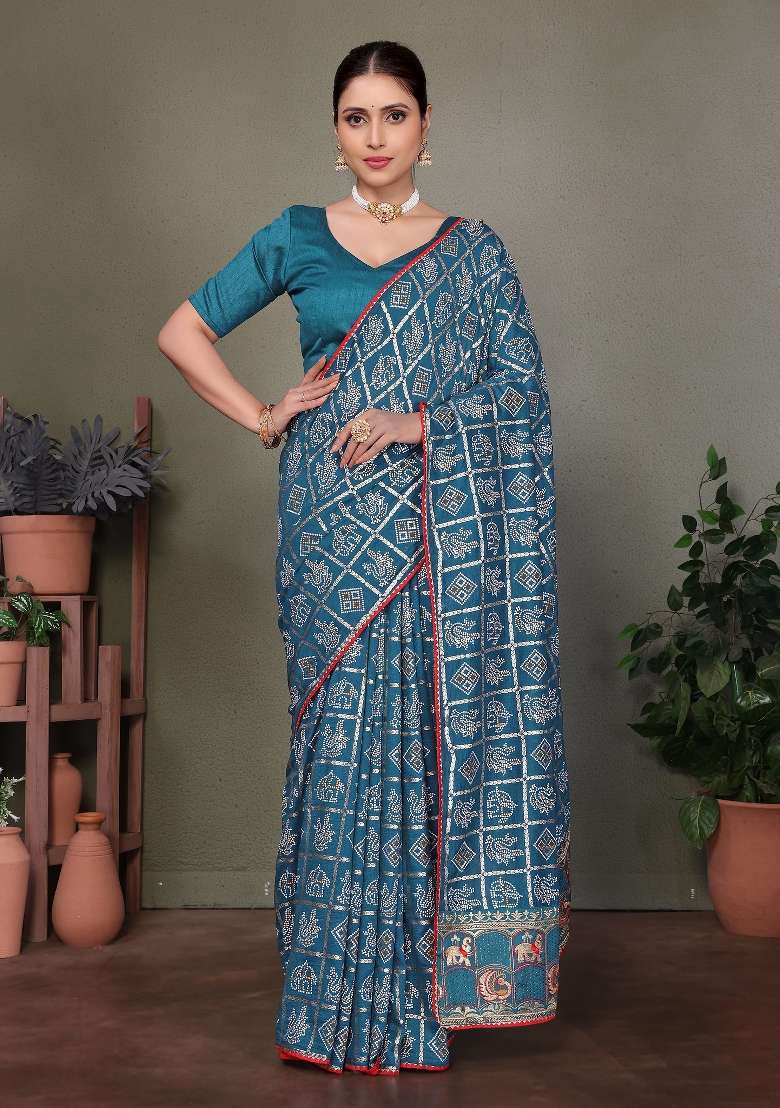 Blue Gota Patti Work Silk Saree Set - Indya