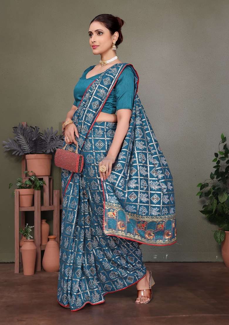 Blue Gota Patti Work Silk Saree Set - Indya