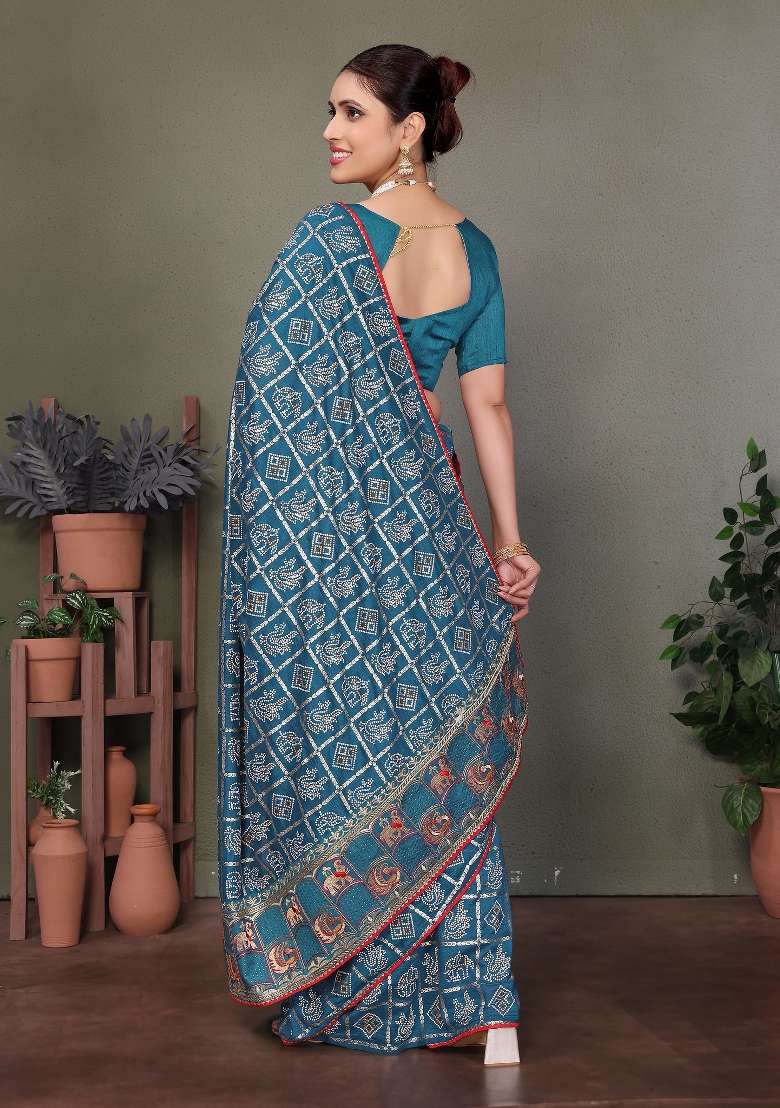 Blue Gota Patti Work Silk Saree Set - Indya