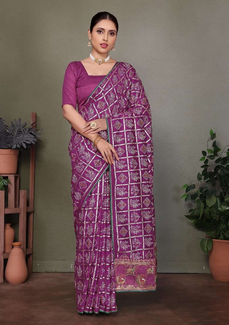 Purple Gota Patti Work Silk Saree Set - Indya