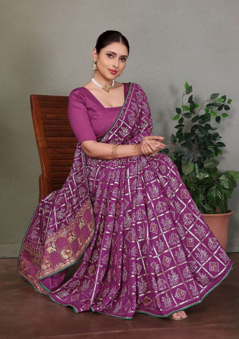 Purple Gota Patti Work Silk Saree Set - Indya