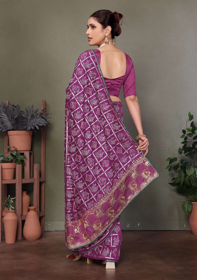 Purple Gota Patti Work Silk Saree Set - Indya
