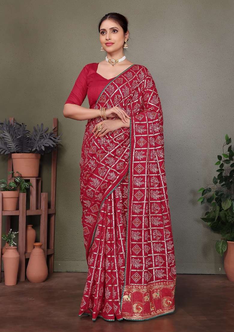 Maroon Gota Patti Work Silk Saree Set - Indya