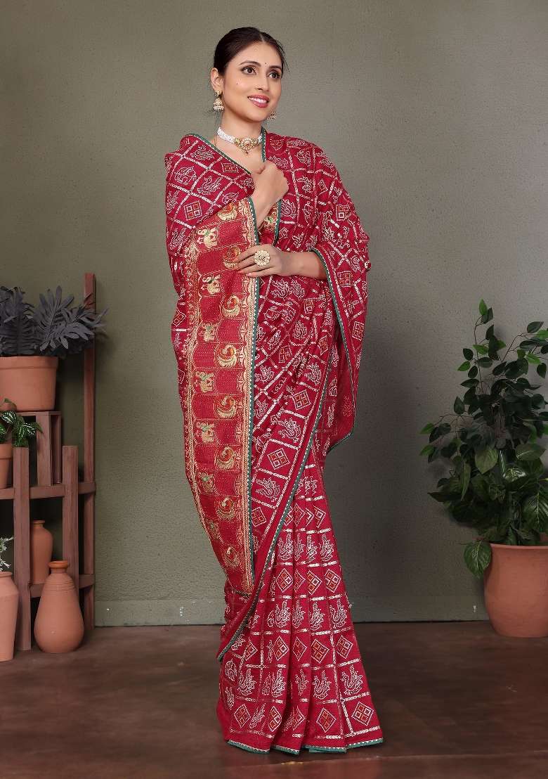 Maroon Gota Patti Work Silk Saree Set - Indya