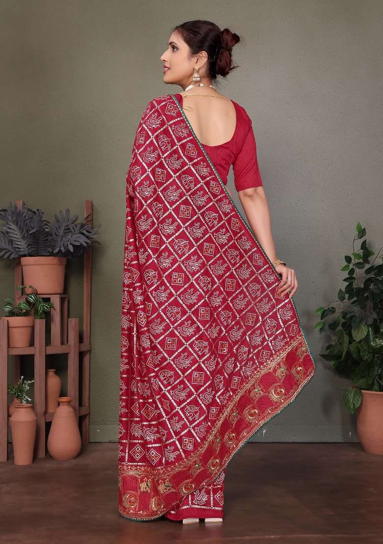 Maroon Gota Patti Work Silk Saree Set - Indya