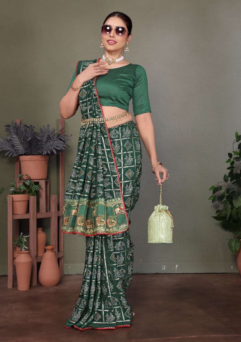 Green Gota Patti Work Silk Saree Set - Indya