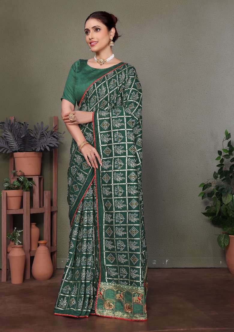 Green Gota Patti Work Silk Saree Set - Indya