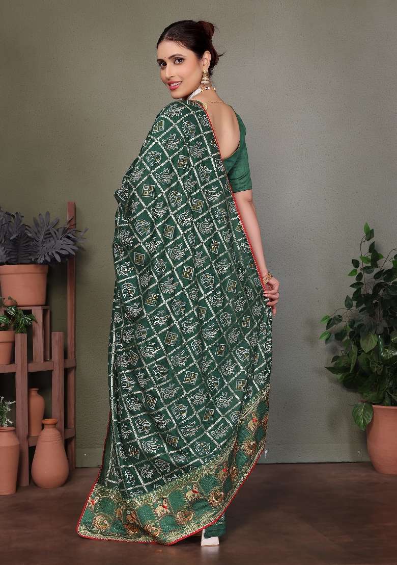 Green Gota Patti Work Silk Saree Set - Indya