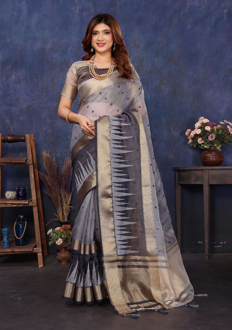 Grey Embroidery Silk Saree Set - Indya
