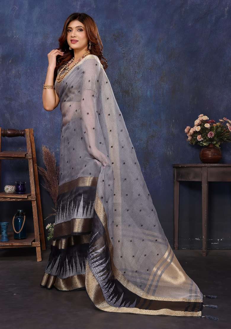 Grey Embroidery Silk Saree Set - Indya