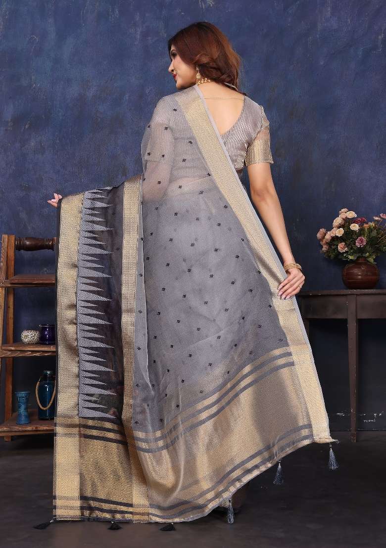 Grey Embroidery Silk Saree Set - Indya
