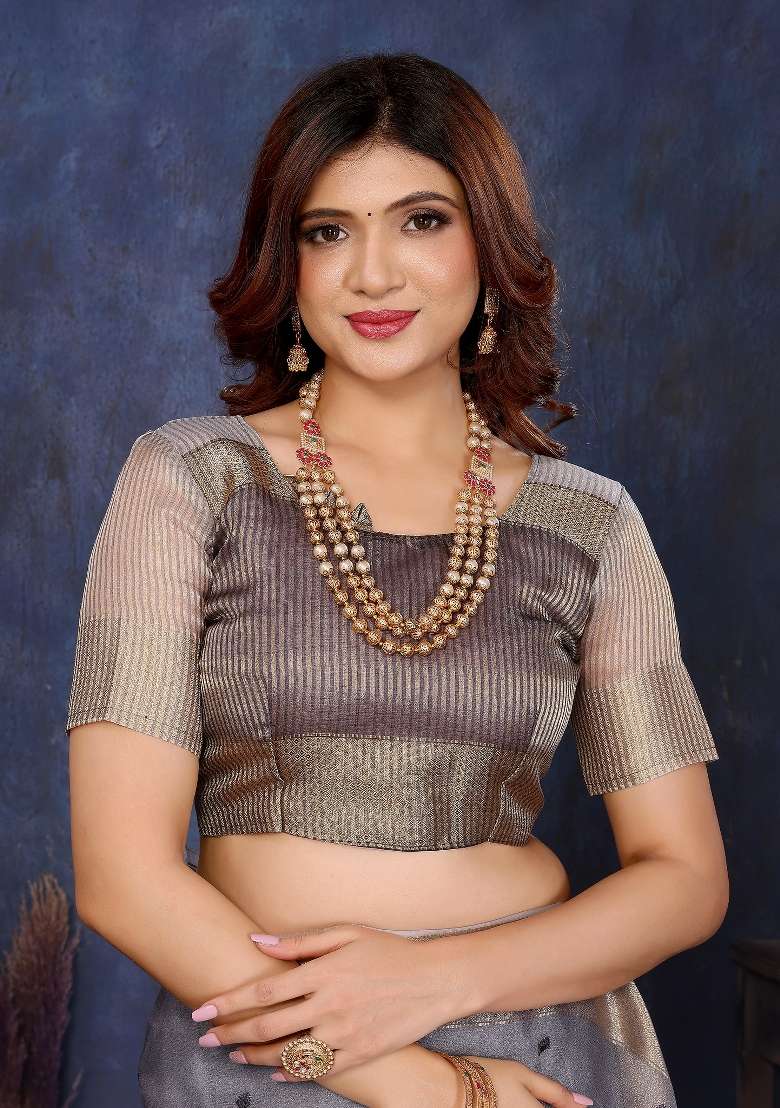 Grey Embroidery Silk Saree Set - Indya