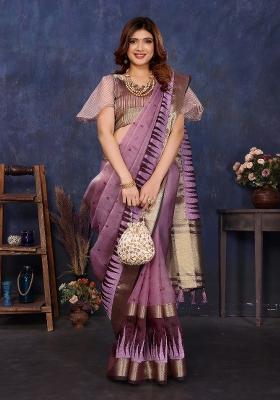 Purple Embroidery Silk Saree Set