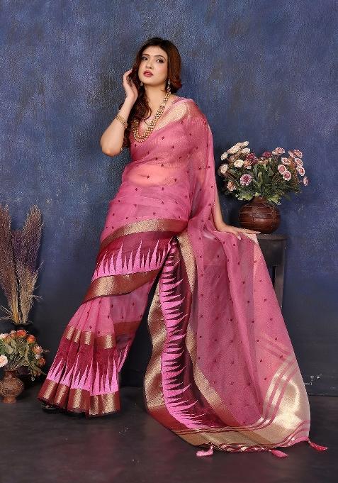 Pink Embroidery Silk Saree Set