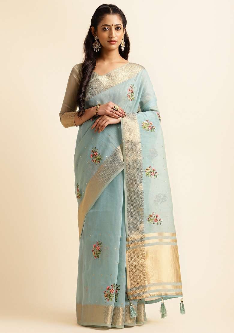 Blue Embroidery Silk Saree Set - Indya