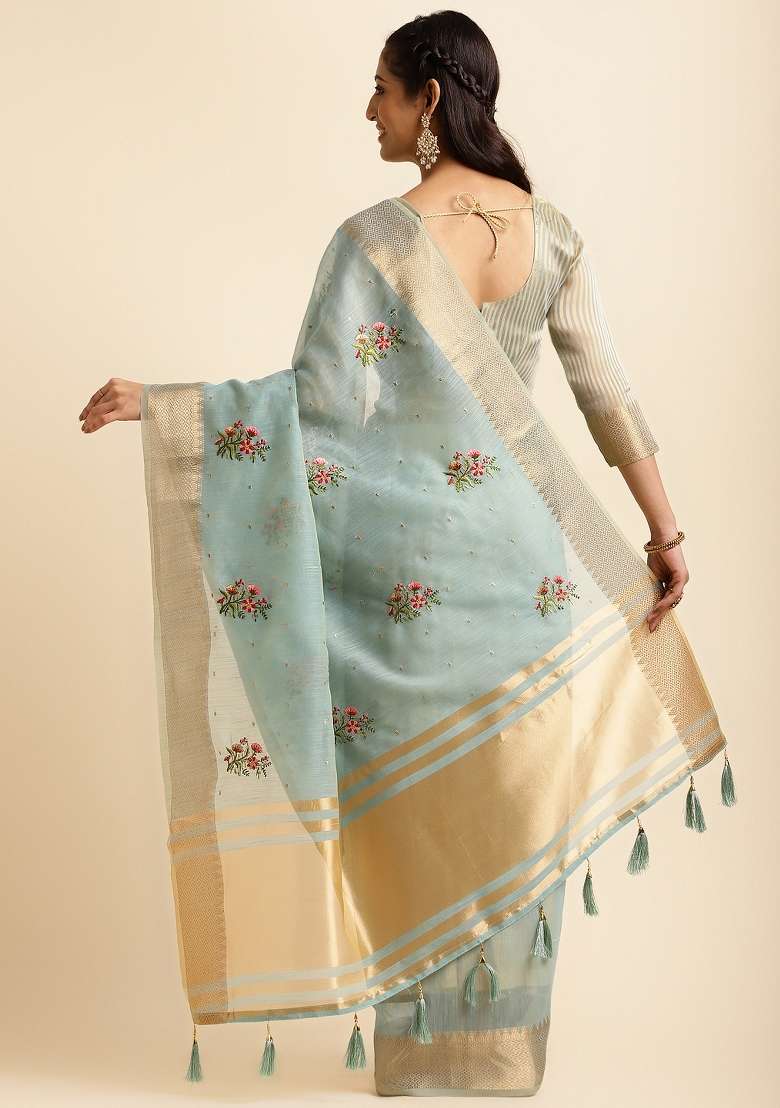 Blue Embroidery Silk Saree Set - Indya