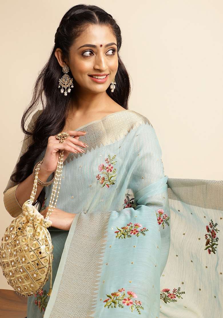 Blue Embroidery Silk Saree Set - Indya