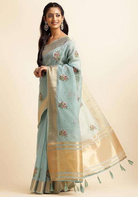 Blue Embroidery Silk Saree Set