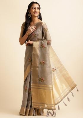 Grey Embroidery Silk Saree Set