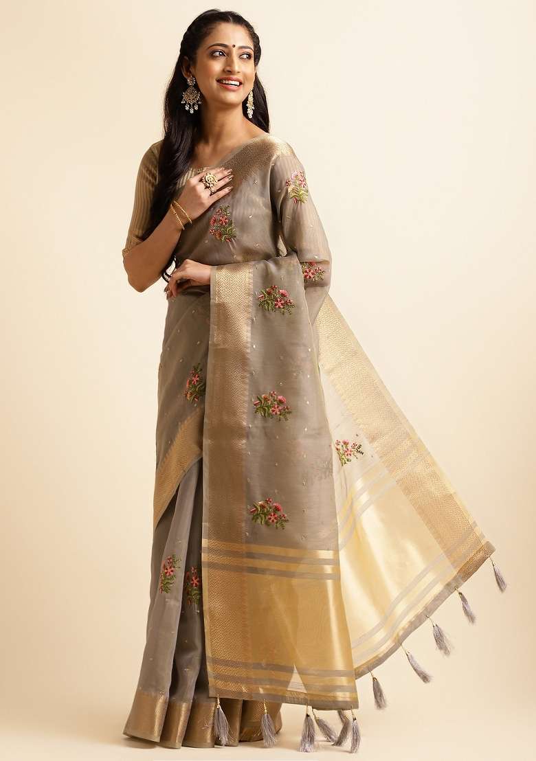 Grey Embroidery Silk Saree Set - Indya