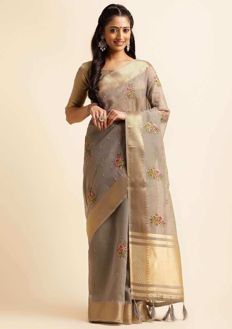 Grey Embroidery Silk Saree Set - Indya