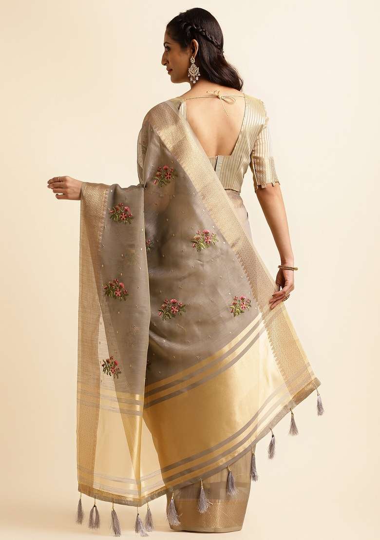 Grey Embroidery Silk Saree Set - Indya