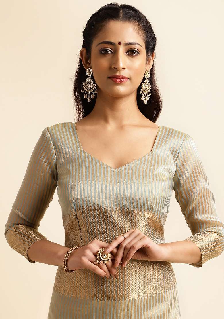 Grey Embroidery Silk Saree Set - Indya