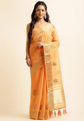 Orange Embroidery Silk Saree Set