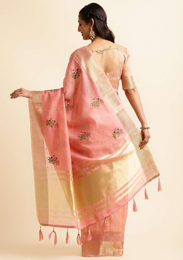 Pink Embroidery Silk Saree Set - Indya