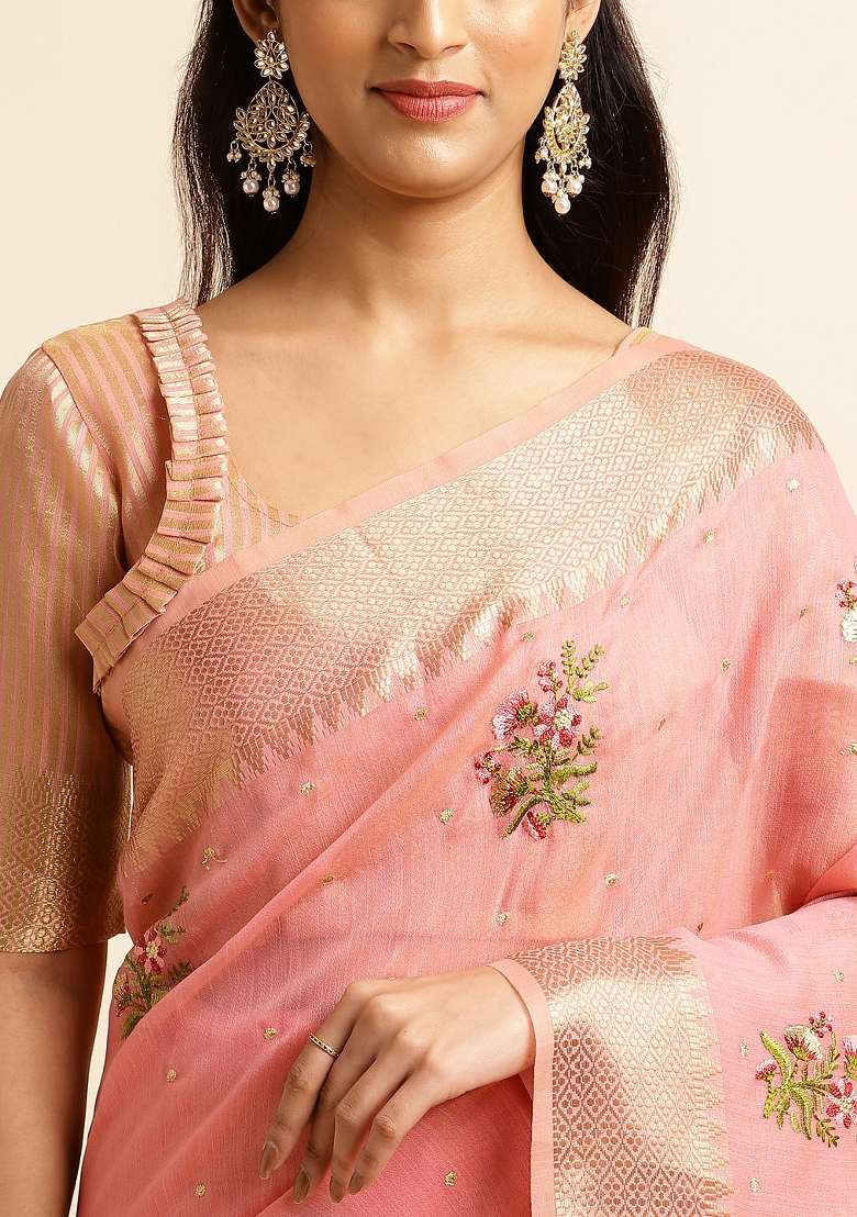 Pink Embroidery Silk Saree Set - Indya