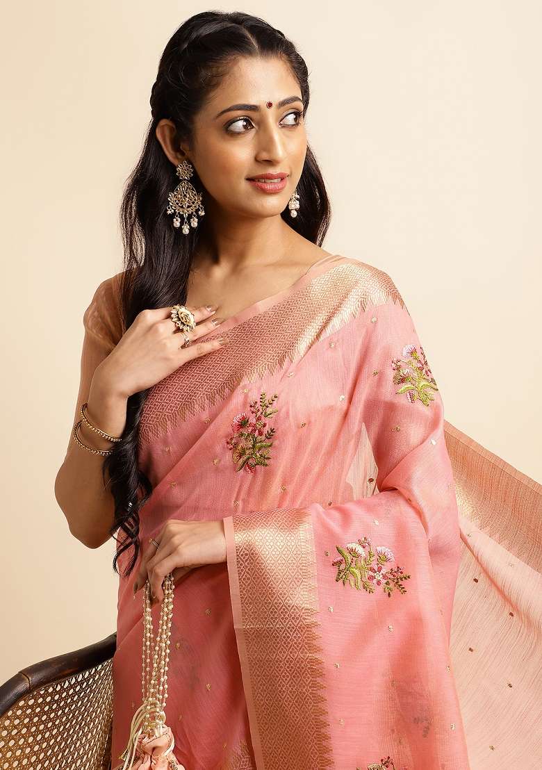 Pink Embroidery Silk Saree Set - Indya