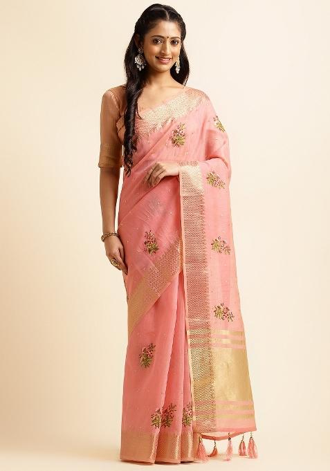 Pink Embroidery Silk Saree Set