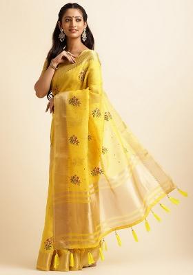 Yellow Embroidery Silk Saree Set