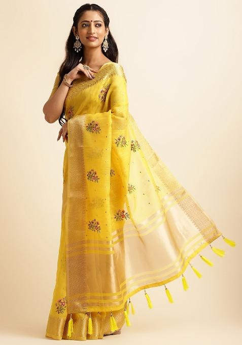 Yellow Embroidery Silk Saree Set