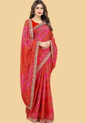 Red Lace Work Chinon Saree Set