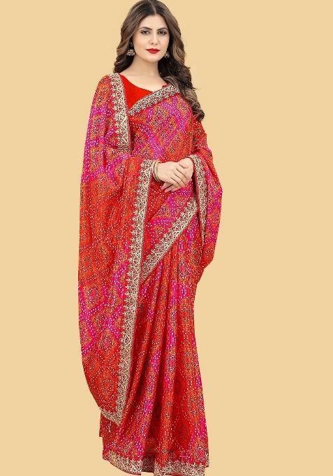 Red Lace Work Chinon Saree Set