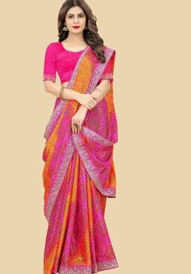 Pink Lace Work Chinon Saree Set
